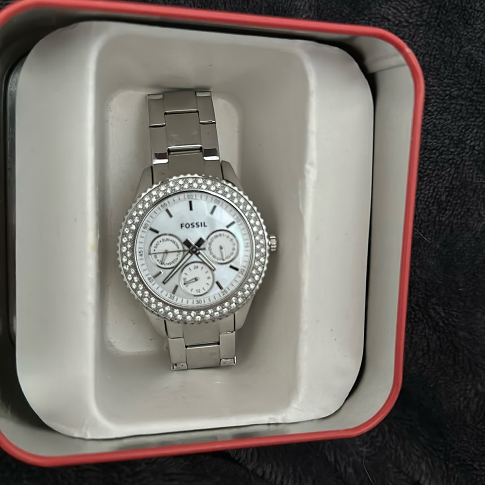 Silver fossil watch with rhinestones